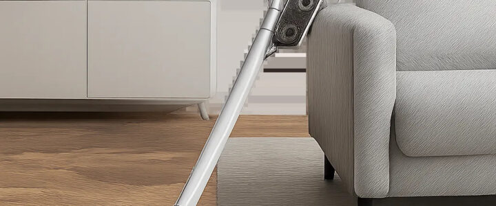 Un aspirateur balai compact mis en scène dans un intérieur moderne, illustrant la maniabilité et la polyvalence au quotidien. L’image évoque un nettoyage rapide, discret et adapté aux zones de passage.
