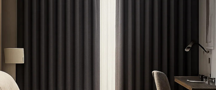 Un rideau occultant premium dans un intérieur moderne, pensé pour maîtriser la lumière et renforcer le confort. L’image évoque un espace calme, élégant et propice au sommeil ou à la concentration.