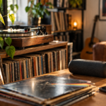 Platine avec collection de vinyles vintage et enceinte Bluetooth dans un espace d’écoute chaleureux