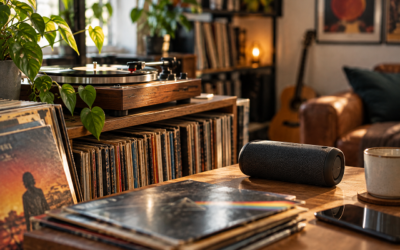 Platine avec collection de vinyles vintage et enceinte Bluetooth dans un espace d’écoute chaleureux